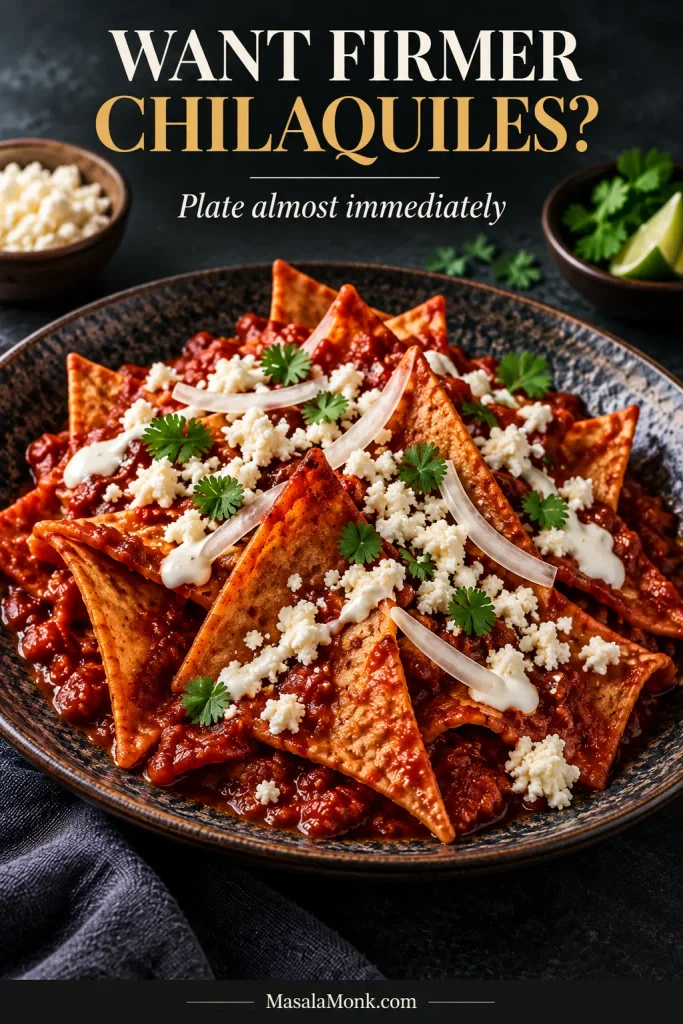 Firmer chilaquiles with clearly defined red-salsa-coated tortilla pieces and light toppings. Graphic text says to plate almost immediately for firmer chilaquiles.
