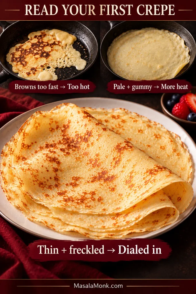 Three-state crepe heat guide showing a dark uneven crepe from excessive heat, a pale under-browned crepe needing more heat, and thin golden-freckled crepes at a better pan temperature.