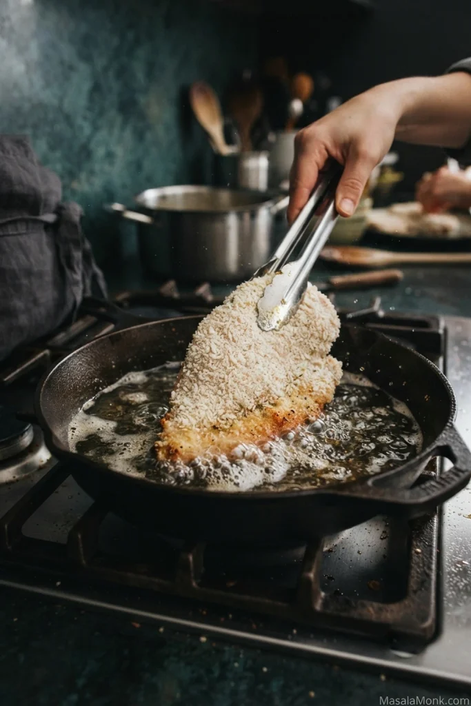 Breaded chicken breast cutlet being lowered with tongs into shallow hot oil in a cast-iron skillet as bubbles form around the lower edge.