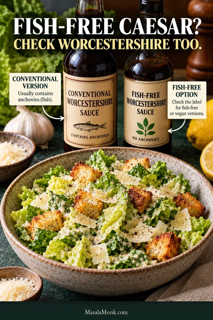 Caesar salad beside two Worcestershire sauce bottles, one indicating anchovies and the other labeled fish-free with no anchovies.