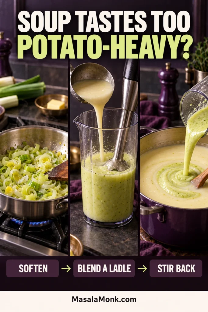 Extra softened leeks being blended with a small amount of soup before the concentrated leek mixture is returned to potato-heavy soup.