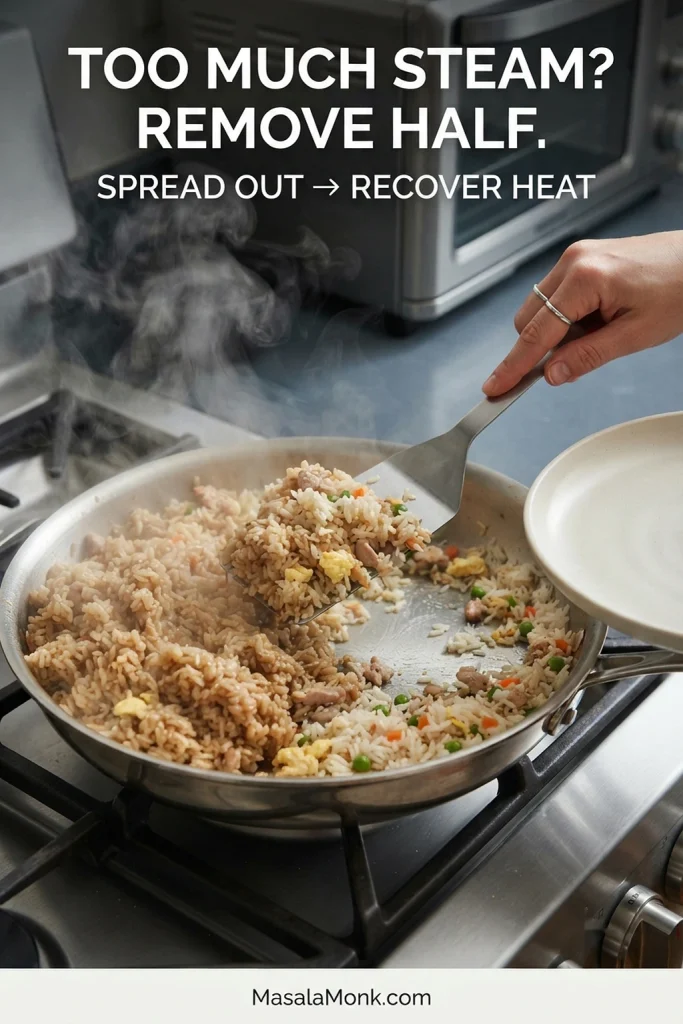 Part of a steamy batch of fried rice being removed from a crowded skillet onto a plate so the remaining rice can spread out.
