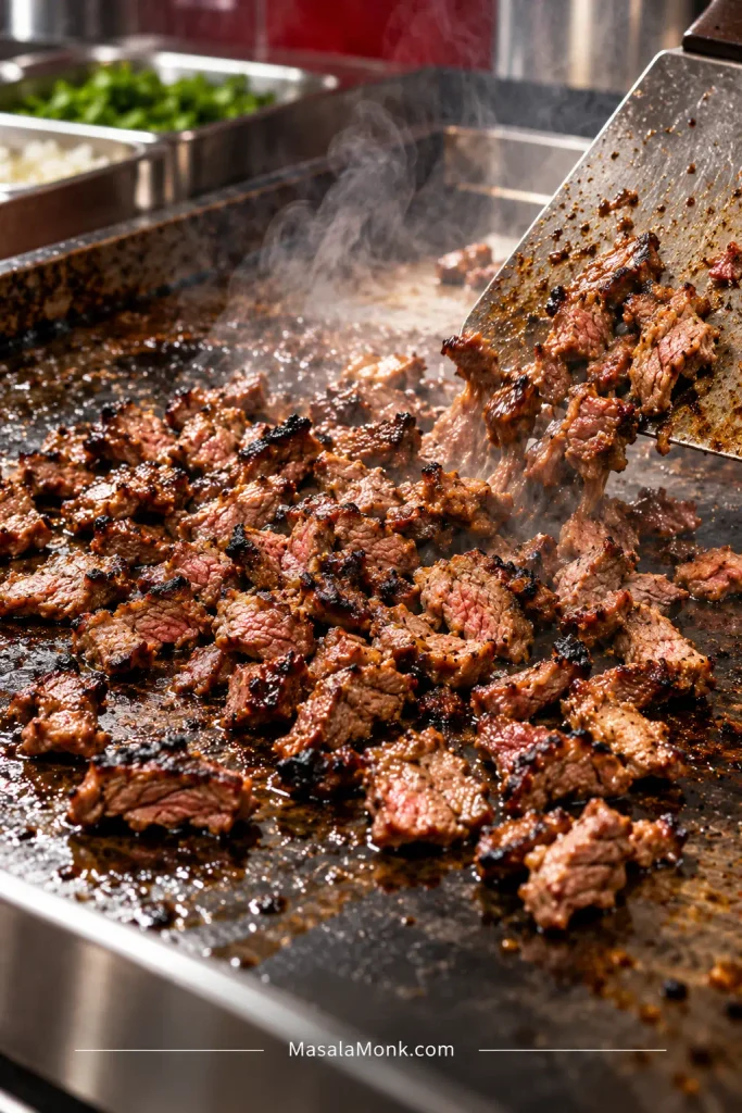 Small chopped carne asada pieces sizzling on a hot flat-top with charred edges, steam rising and a metal spatula turning the meat.
