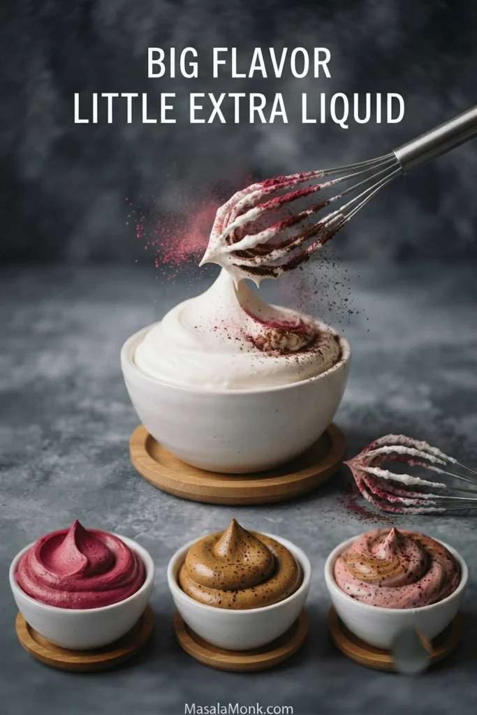 Whipped cream cheese frosting flavored with concentrated berry powder, espresso, citrus zest and spices, with colorful flavored frosting samples nearby.