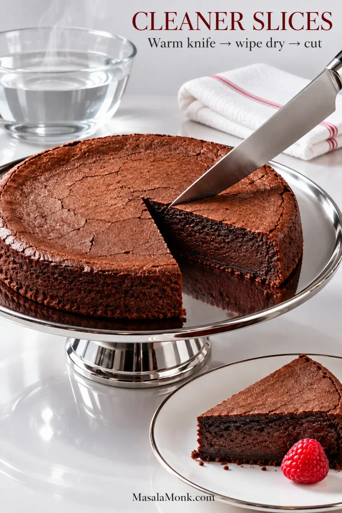 Thin knife cutting a neat wedge from a flourless chocolate cake, leaving a smooth clean cut surface on the exposed slice.