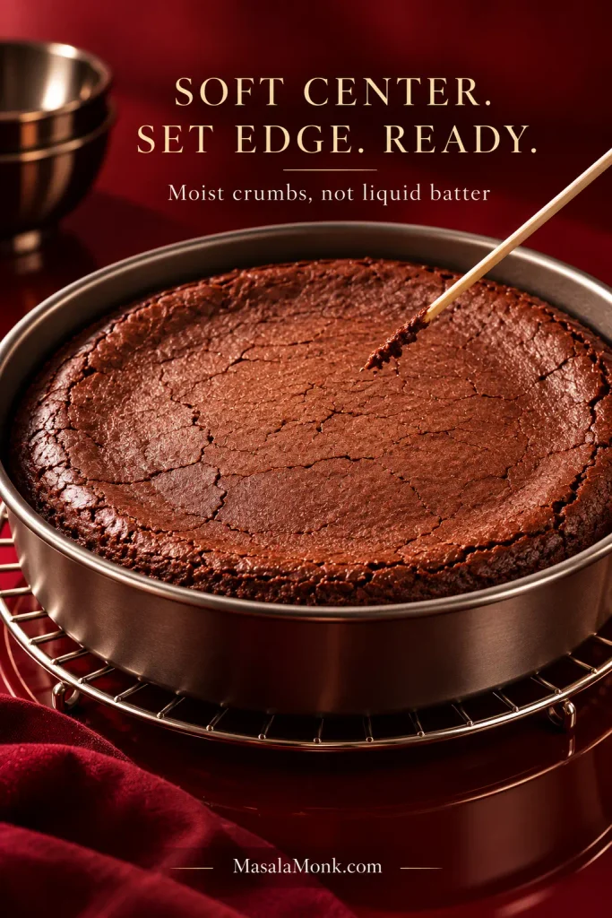 Baked flourless chocolate cake showing a firm outer edge and a visibly softer but set center, with a cake tester near the middle.
