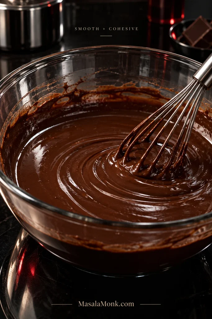 Dark chocolate mixture being whisked in a clear bowl, appearing smooth, thick and cohesive after the eggs have been incorporated.