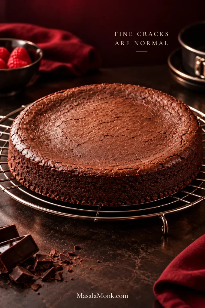 Close view of the top of a baked flourless chocolate cake with several fine natural cracks across its thin crust.
