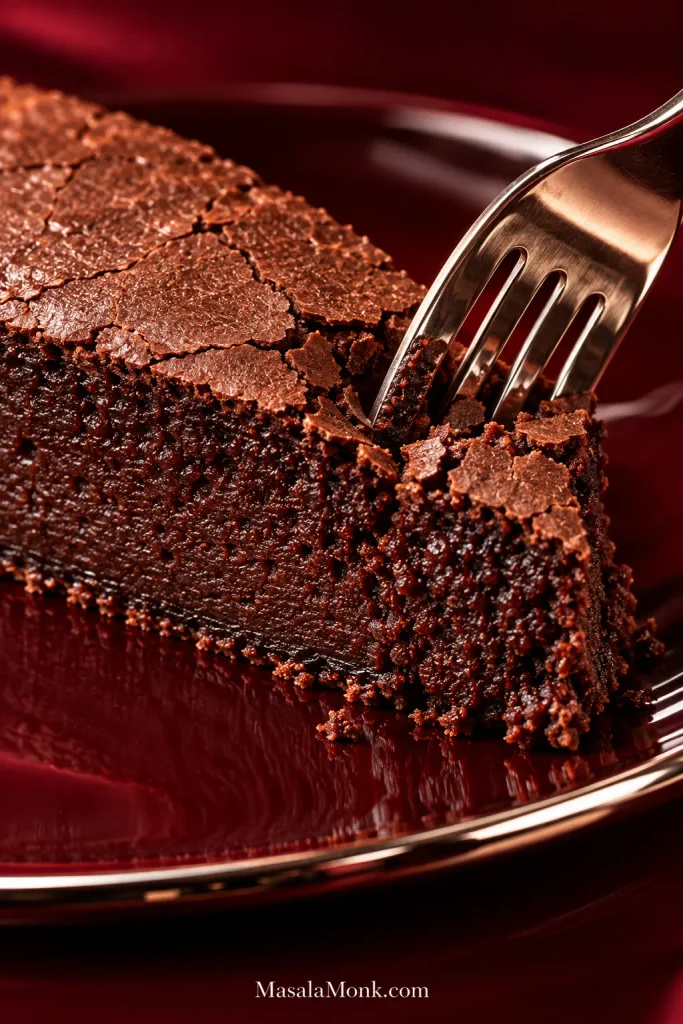 Close-up of a cut flourless chocolate cake showing a dense, moist dark chocolate interior and a thin delicately cracked crust.