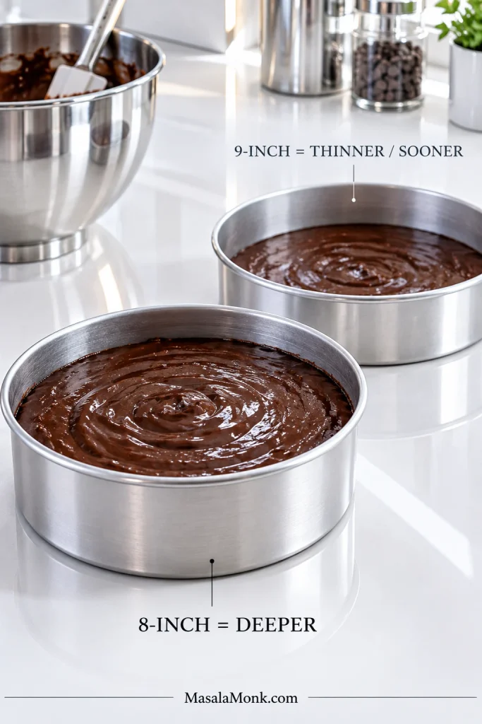 Side-by-side 8-inch and 9-inch round cake pans showing deeper batter in the smaller pan and a shallower layer in the larger pan.