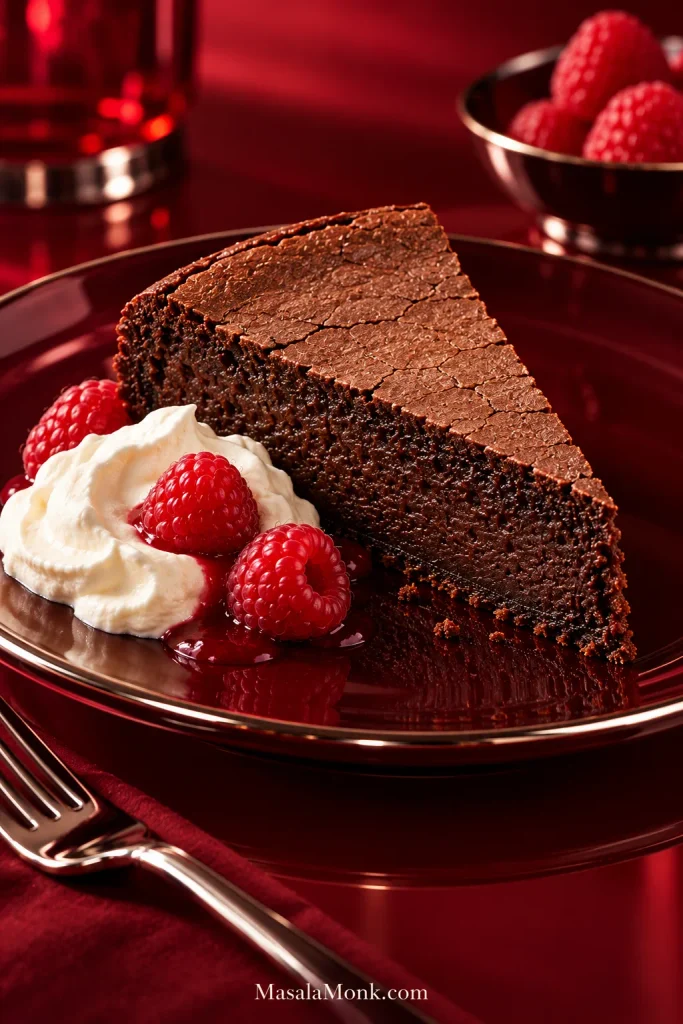 Slice of dark flourless chocolate cake served on a plate with fresh raspberries and a spoonful of softly whipped cream.