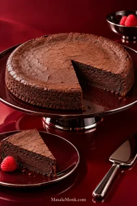 Whole round flourless chocolate cake on a dark plate with one slice placed in front, revealing a dense dark chocolate interior beneath a thin cracked top.
