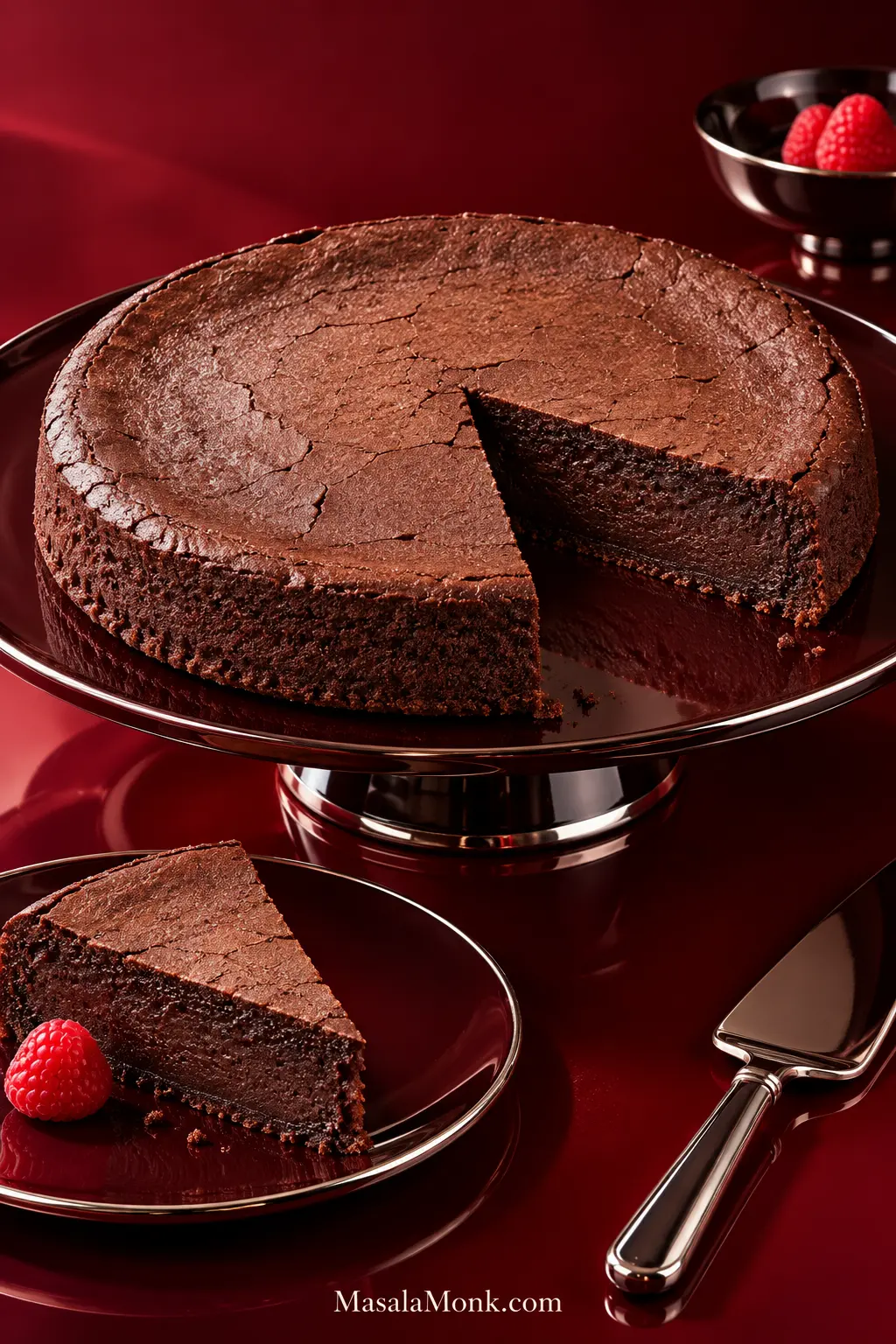 Whole round flourless chocolate cake on a dark plate with one slice placed in front, revealing a dense dark chocolate interior beneath a thin cracked top.