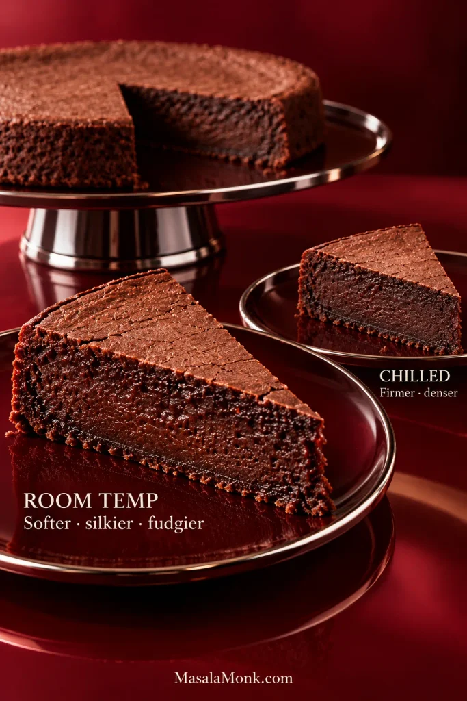 Side-by-side slices of flourless chocolate cake comparing a softer room-temperature interior with a firmer chilled texture.