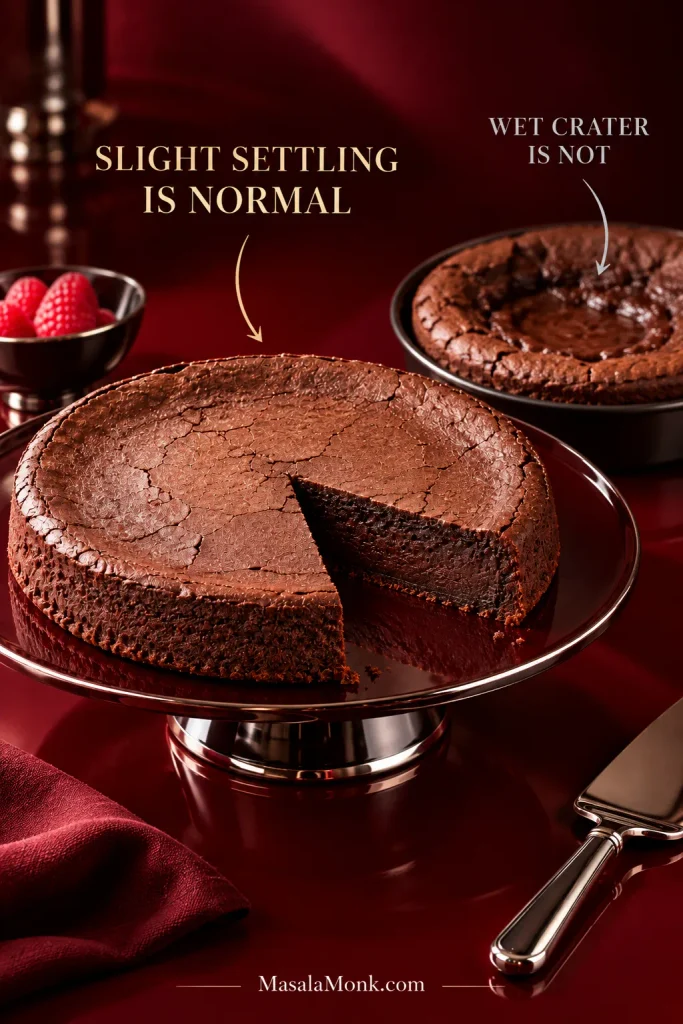 Comparison of a flourless chocolate cake with slight normal center settling beside another with a deep collapsed crater and visibly wet middle.