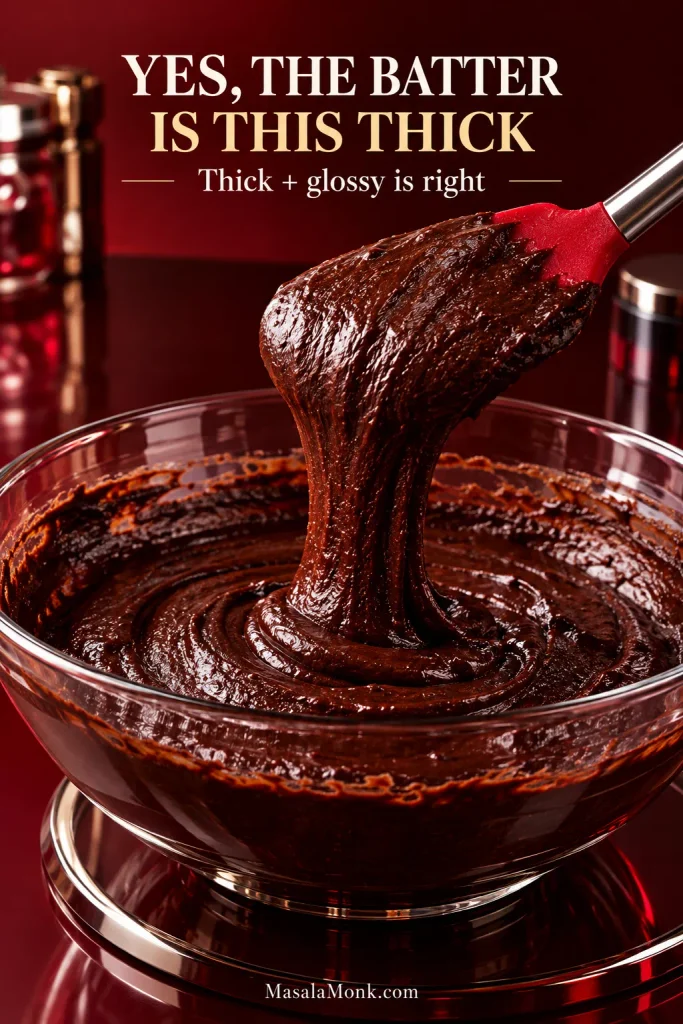Thick glossy chocolate batter falling slowly from a spatula into a mixing bowl in heavy ribbons.