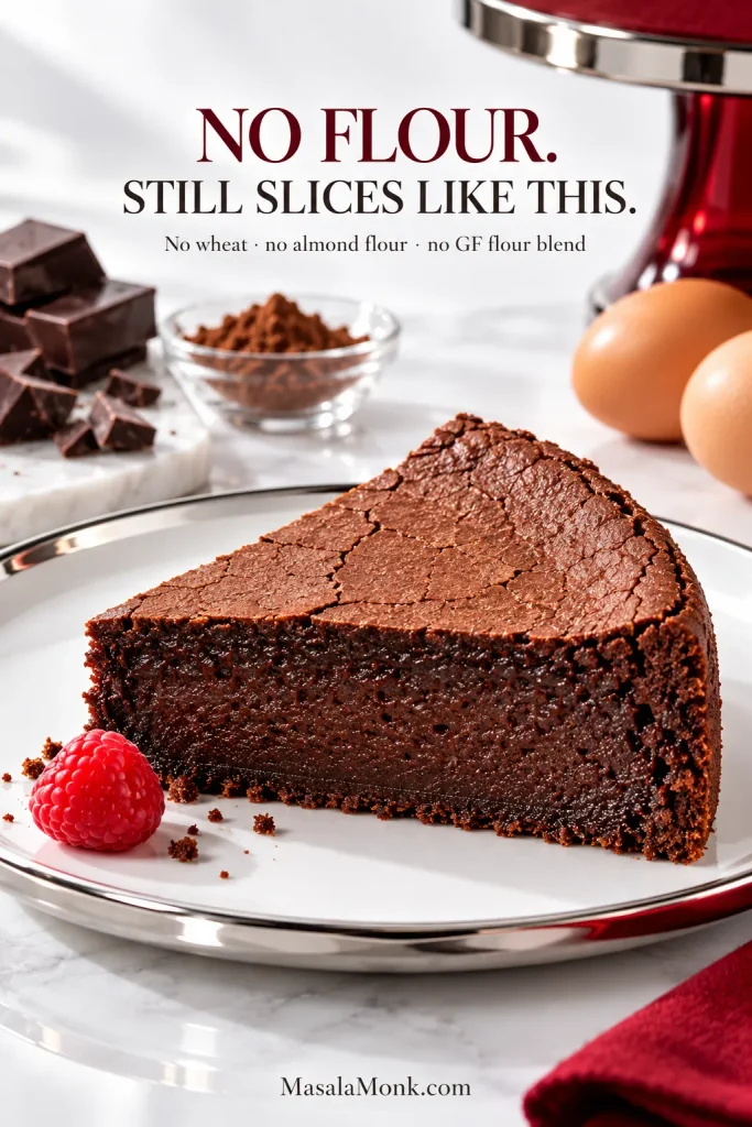Dense slice of flourless chocolate cake displayed in a graphic emphasizing that the cake is made without flour.