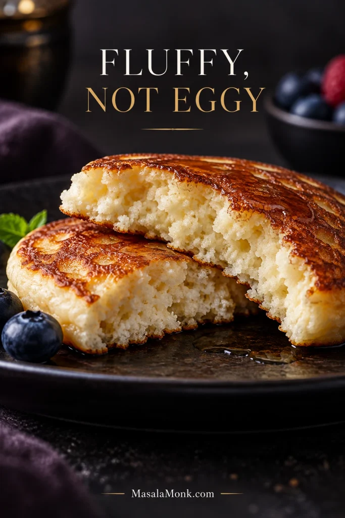 Close-up of a cut cottage cheese pancake showing a fluffy cooked interior with small irregular air pockets and no visible cheese curds.