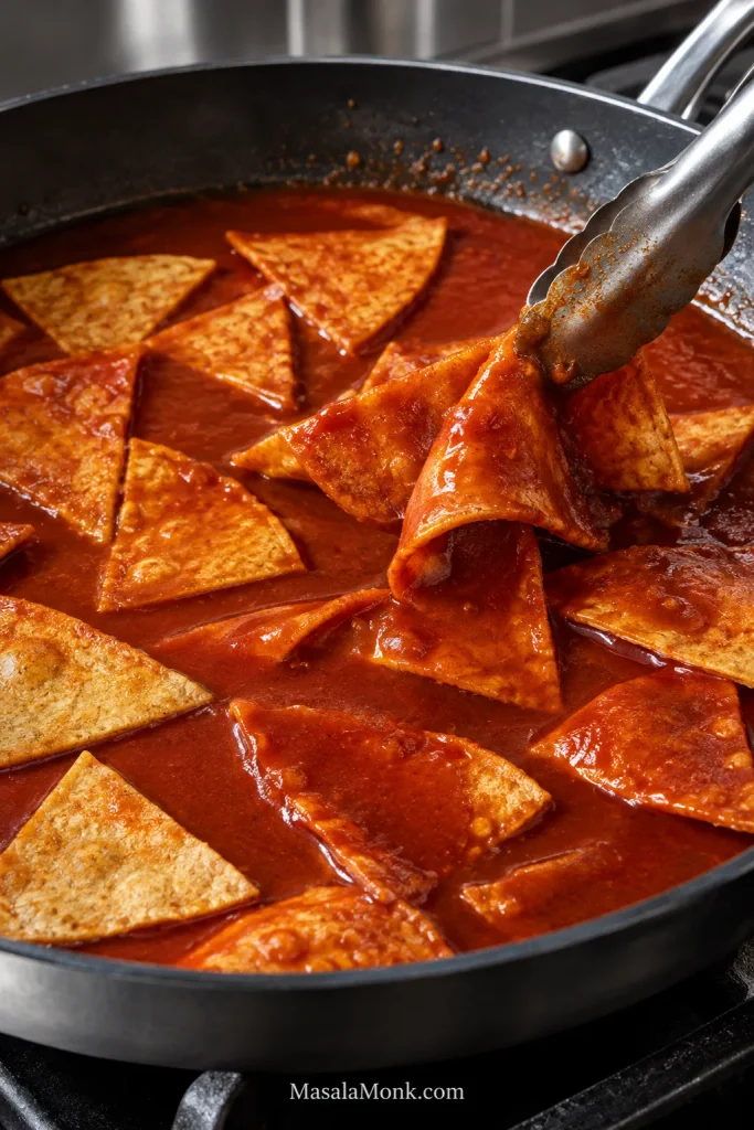 Metal tongs lift salsa-coated corn tortilla wedges from a skillet while other tortilla pieces soften in smooth red salsa below.