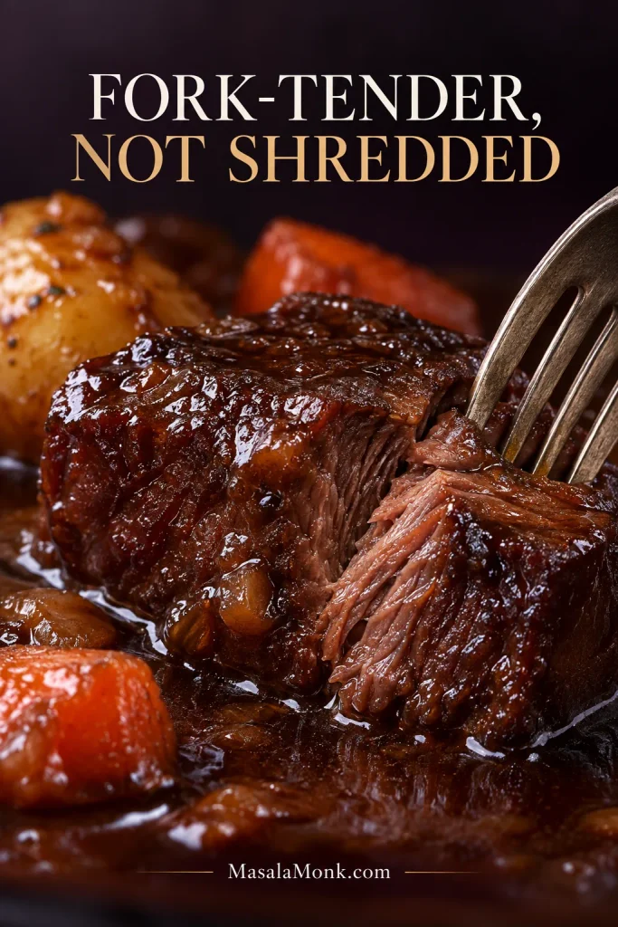 Close-up of a fork pressing into a large braised beef chunk that remains intact while yielding under pressure.