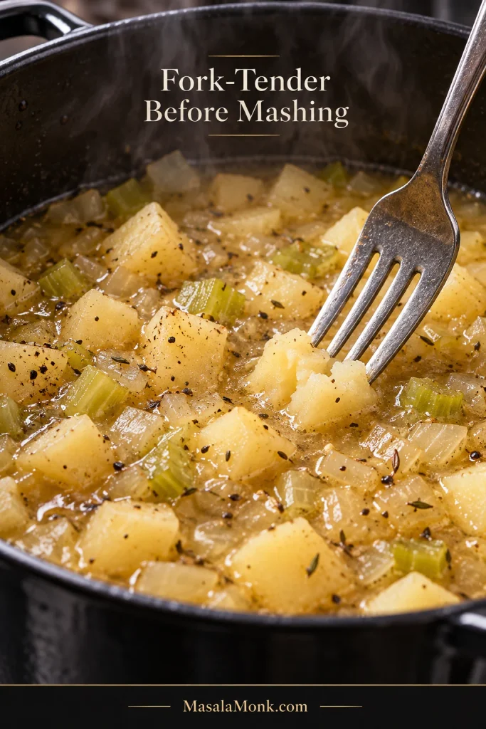 Fork pressing through the center of a tender potato cube in broth with softened onion, celery and seasoning.