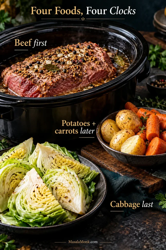 Slow cooker corned beef with potatoes, carrots and cabbage arranged to show that the foods finish on different schedules.