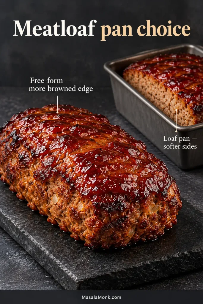 Two cooked meatloaves shown together: a free-form loaf with browned exposed sides in front and a second meatloaf baked inside a metal loaf pan behind it.