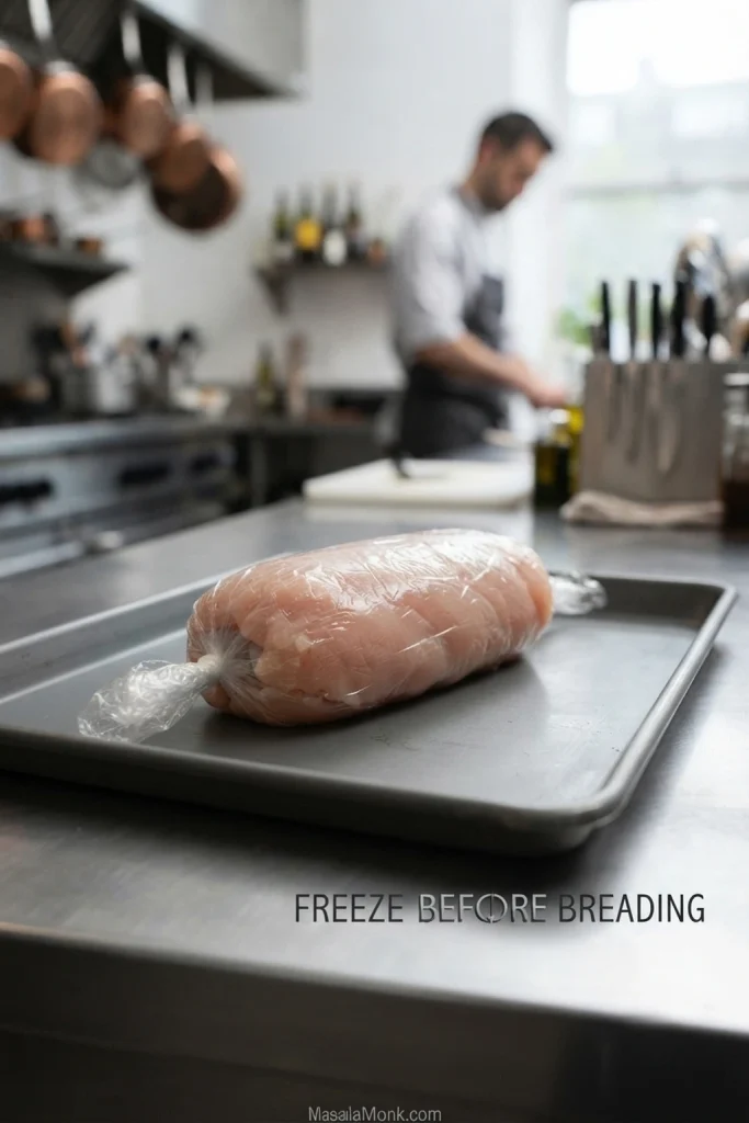 Raw stuffed chicken roll tightly wrapped on a sheet pan; on-image text reads “Freeze before breading.”