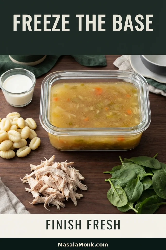 Container of vegetable-and-broth soup base beside separate half-and-half, potato gnocchi, cooked chicken and spinach, showing which components are better added after freezing.