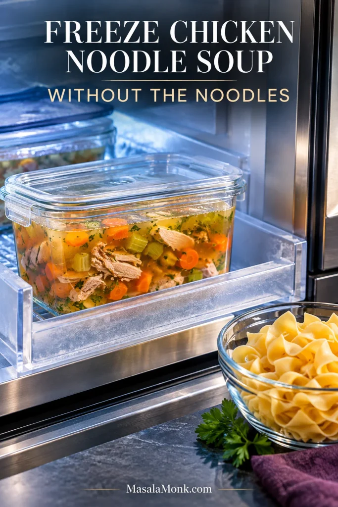 Open freezer drawer containing a sealed glass container of golden chicken soup base with chicken, carrot and celery but no noodles; a bowl of wide egg noodles sits outside the freezer. Text reads “Freeze Chicken Noodle Soup Without the Noodles.”