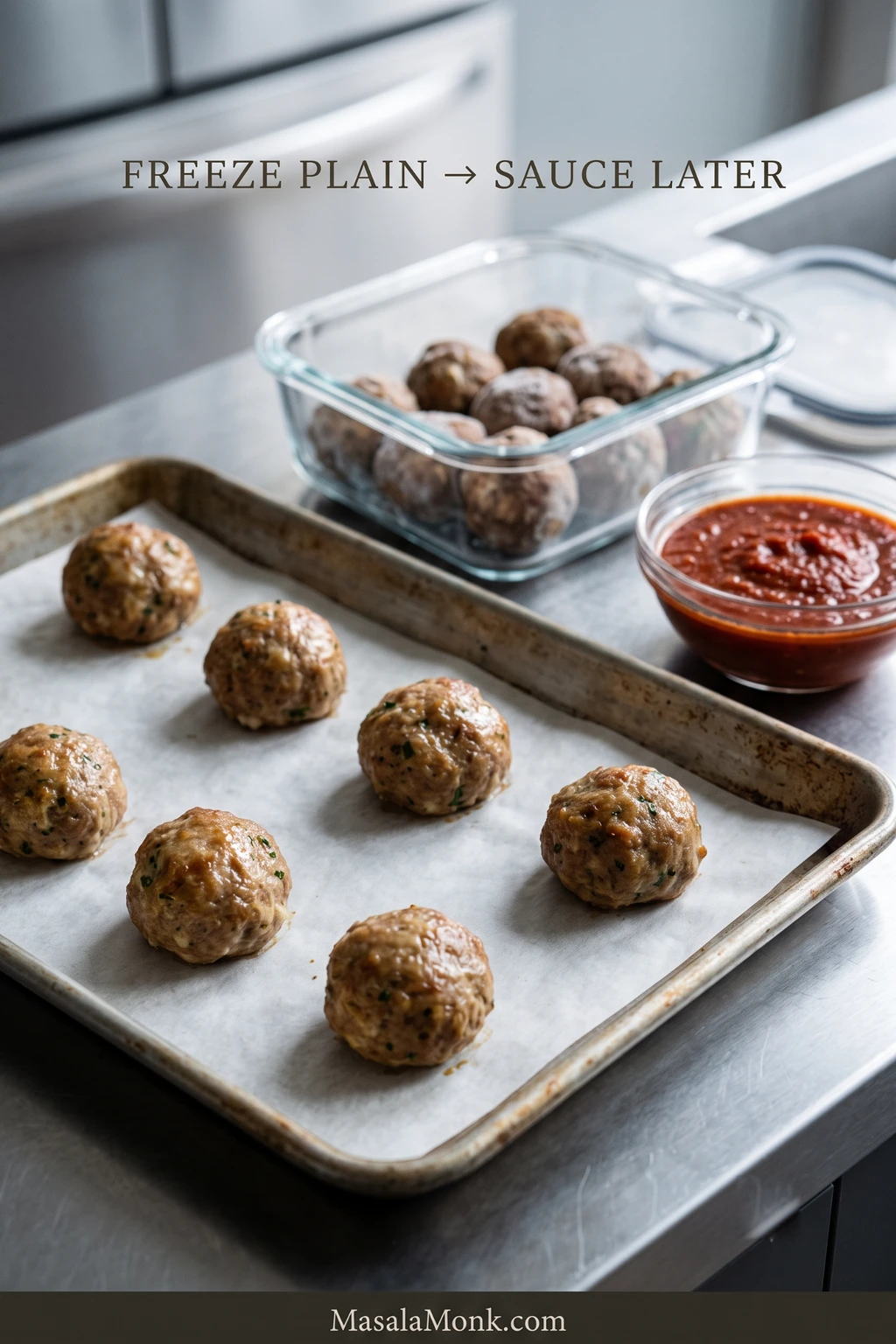 Cooked meatballs spaced individually on a parchment-lined tray, with frozen meatballs in a clear storage container and a separate bowl of marinara; text reads “Freeze plain → sauce later.”