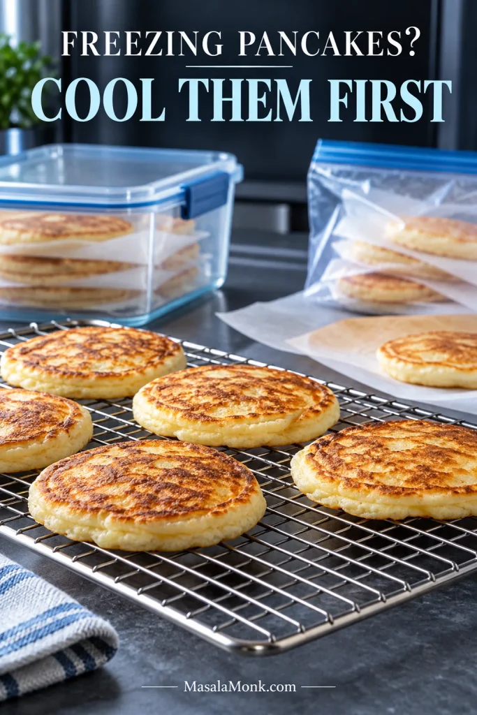 Cooked cottage cheese pancakes cooling separately on a wire rack with parchment and clear freezer containers ready nearby.