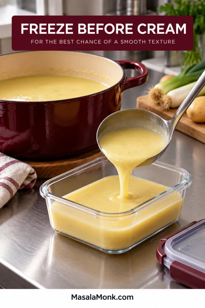 Smooth potato leek soup being ladled from a pot into a shallow freezer-safe container before cream is added.