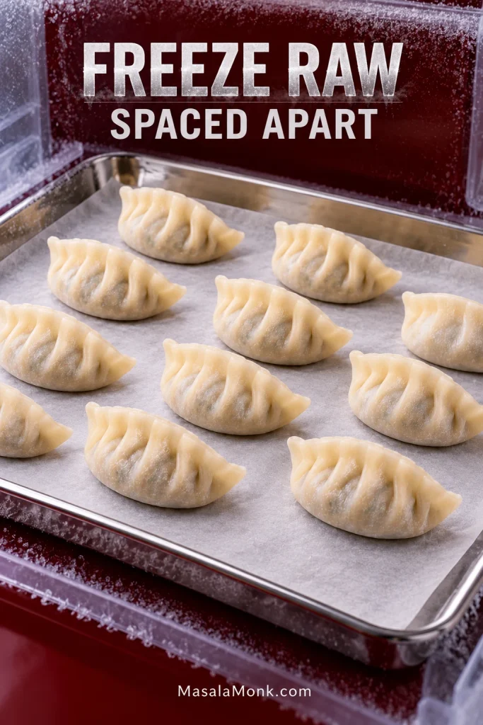 Raw pleated gyoza standing separately on a parchment-lined metal tray with space between each dumpling for freezing.