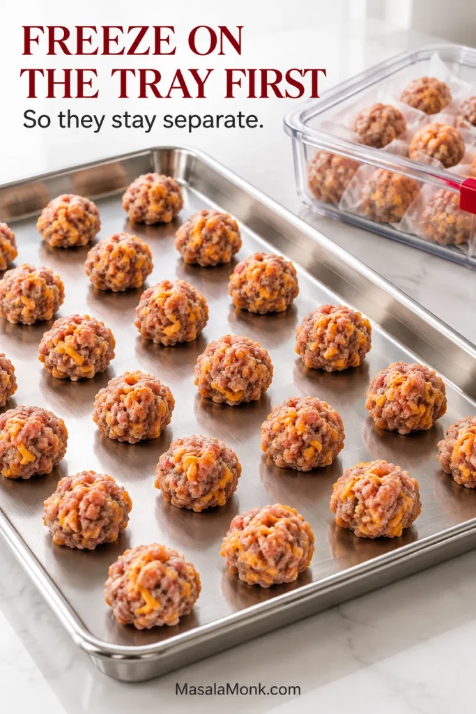 Raw cheddar sausage balls spaced apart on a stainless-steel sheet pan, with more raw balls stored separately in a clear container behind them.