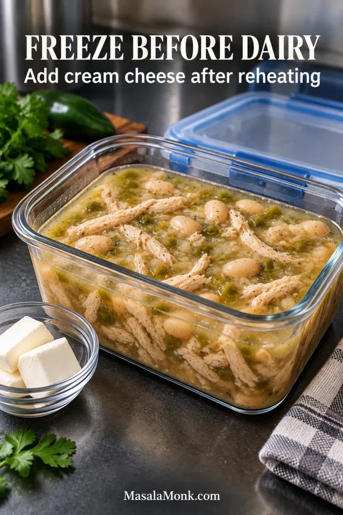 Clear freezer-safe container holding pre-dairy white chicken chili with shredded chicken, white beans and green chiles, with cream cheese kept separately.