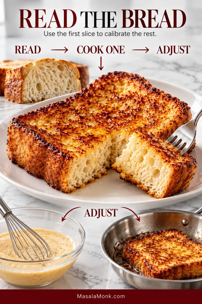 French toast guide showing raw bread, a golden slice cut open on a plate, a bowl of custard and a skillet, connected by the words “Read,” “Cook One” and “Adjust.”