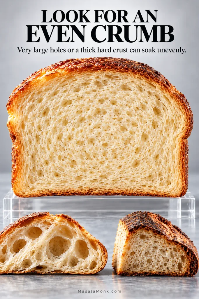 Close-up comparison of bread crumb structures, with one evenly porous slice above examples with very large holes and a thick crust.
