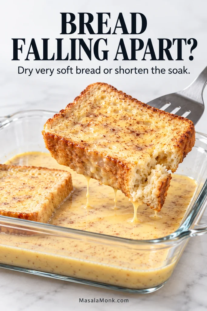 Over-soaked white bread being lifted from a dish of custard on a wide spatula, with one corner visibly tearing and sagging.