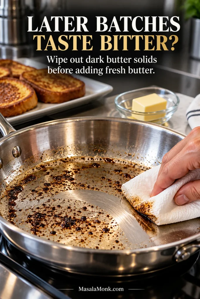 Hand wiping dark browned butter solids from a stainless-steel skillet with fresh butter waiting in a small glass dish nearby.