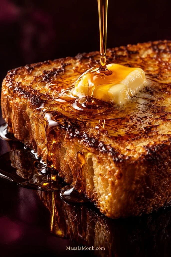 Extreme close-up of deeply golden French toast with melting butter as a narrow stream of amber maple syrup pours over the surface.