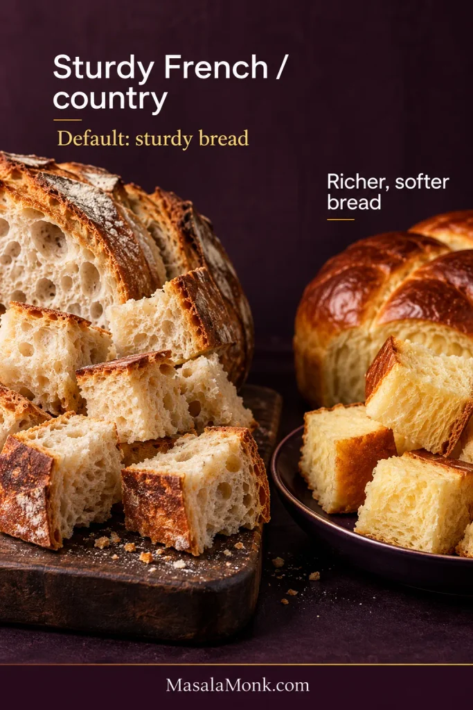 Comparison of sturdy French or country bread with an open crumb beside softer brioche or challah bread.