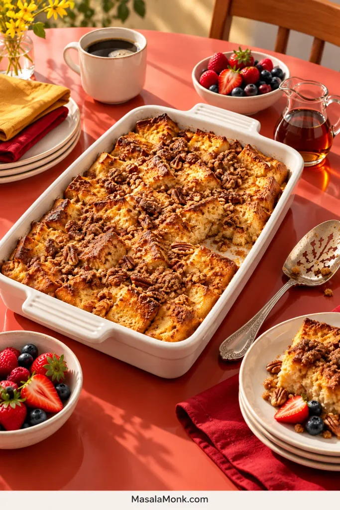 French toast casserole served at a bright brunch table with individual portions and breakfast accompaniments.
