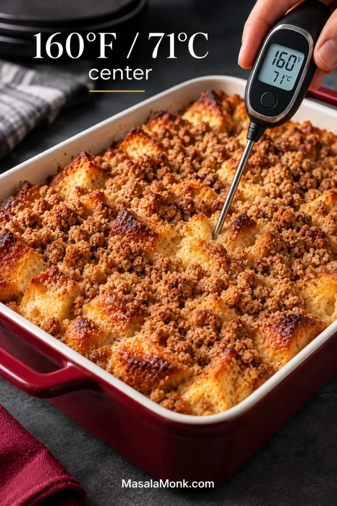 Instant-read thermometer inserted into the center of a baked French toast casserole to check doneness.