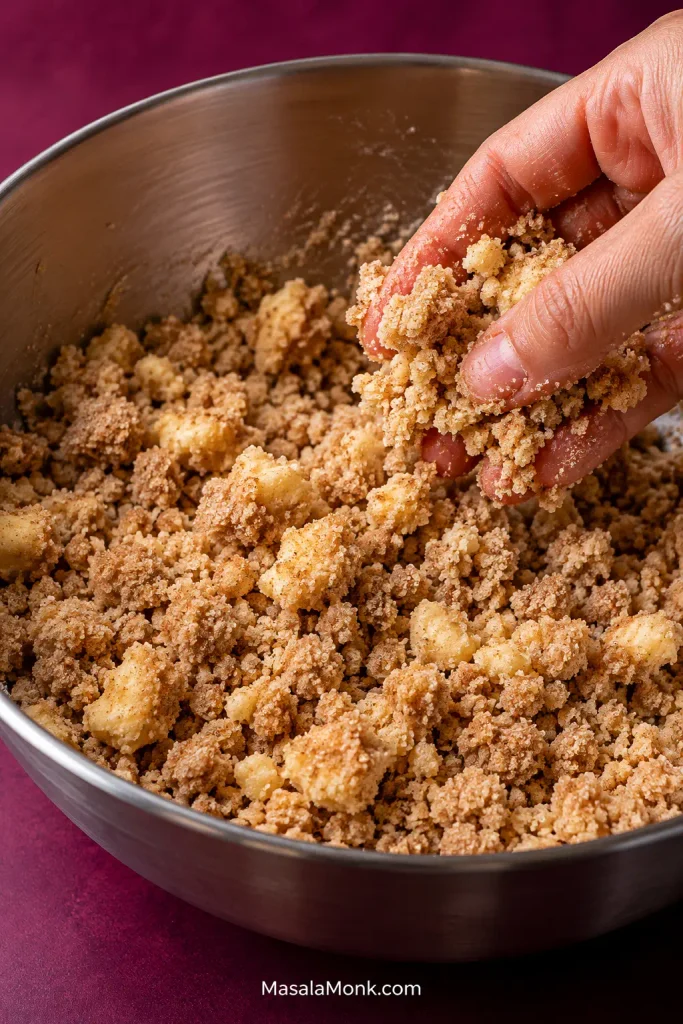 Raw cinnamon crumble with fine crumbs, pea-size pieces and larger buttery clusters before baking.