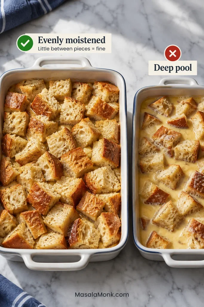Comparison of evenly moistened bread with a little custard between pieces and bread sitting in an excessive pool of custard.