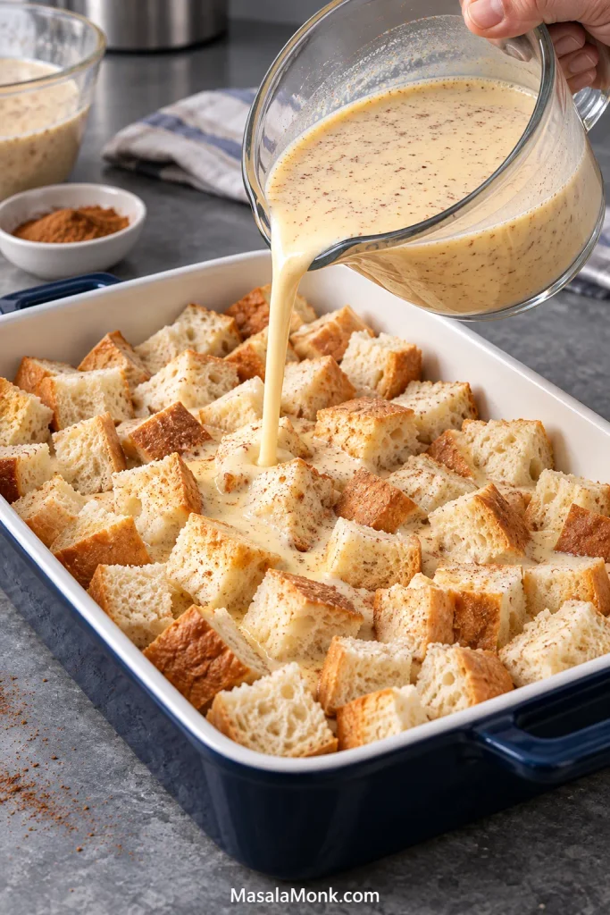 Egg-and-milk custard being poured gradually over bread pieces arranged in a rectangular casserole dish.