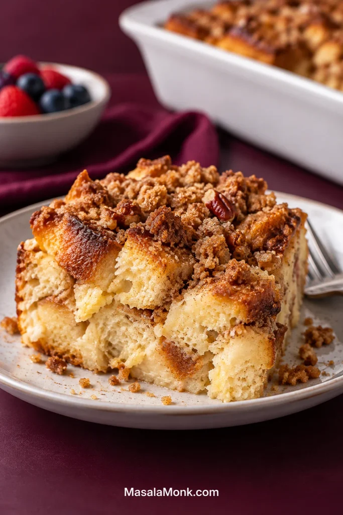 Close-up of French toast casserole showing distinct bread pieces with a moist, softly set interior and browned topping.