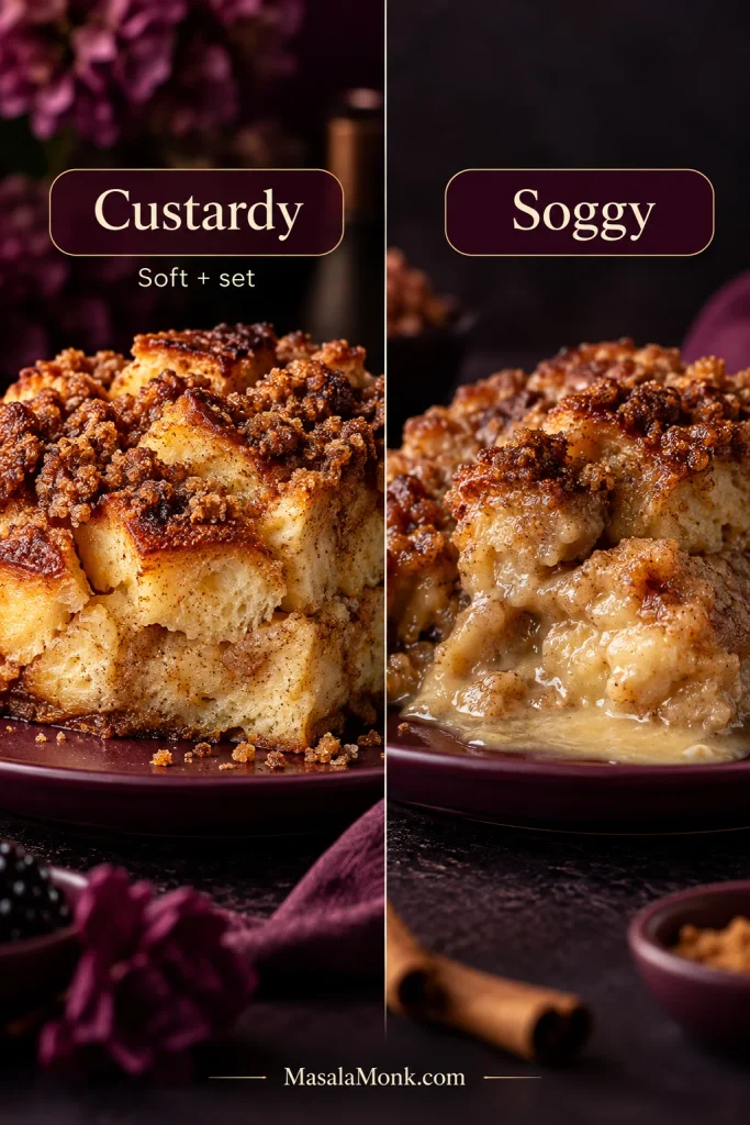 Side-by-side comparison of a soft, set French toast casserole with visible bread structure and a soggy serving that has collapsed with free liquid.