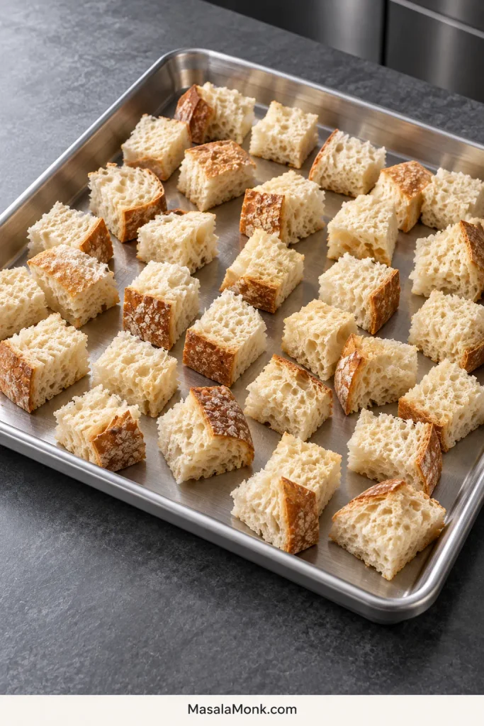 Bread pieces spread on a rimmed baking sheet, lightly dried while remaining pale rather than toasted.